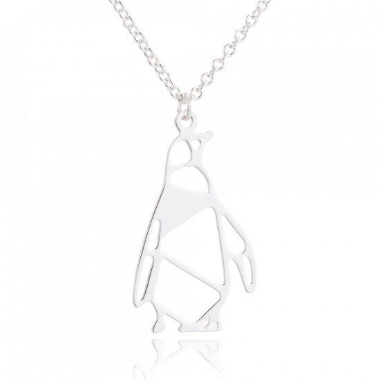 Picture of Stainless Steel Origami Necklace Silver Tone Penguin Animal 45cm(17 6/8") long, 1 Piece
