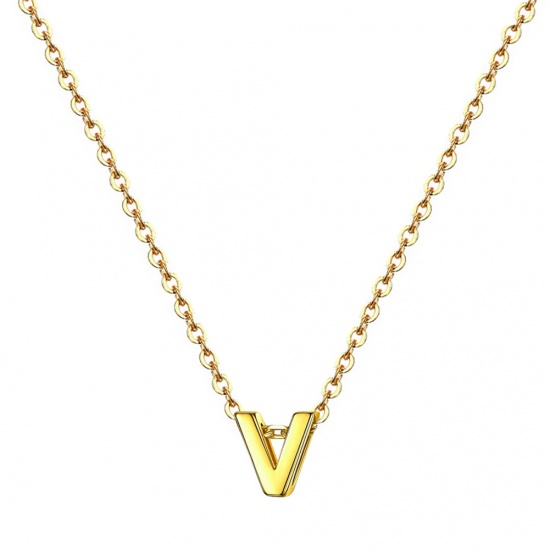 Picture of Stainless Steel Necklace Gold Plated Capital Alphabet/ Letter Message " V " 45cm(17 6/8") long, 1 Piece