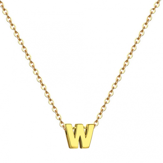 Picture of Stainless Steel Necklace Gold Plated Capital Alphabet/ Letter Message " W " 45cm(17 6/8") long, 1 Piece