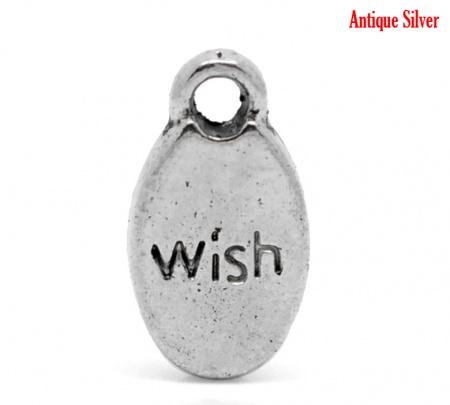 Zinc Metal Alloy Charm Pendants Antique Silver Message " Wish " Carved 15mmx8mm( 5/8"x 3/8"), 50 個