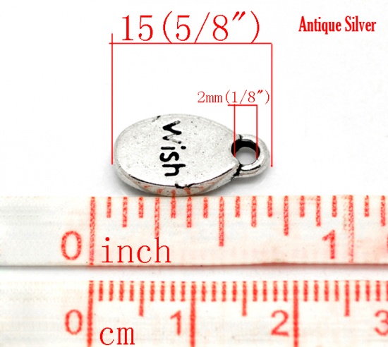 Immagine di Lega di Zinco Charm Ciondoli Ovale Argento Antico Lettere Disegno Messaggio Wish Intagliato 15.0mm x 8.0mm, 50 Pz