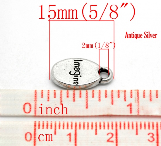 Immagine di Lega di Zinco Charm Ciondoli Ovale Argento Antico Lettere Disegno Messaggio Imagine Intagliato 15.0mm x 8.0mm, 50 Pz