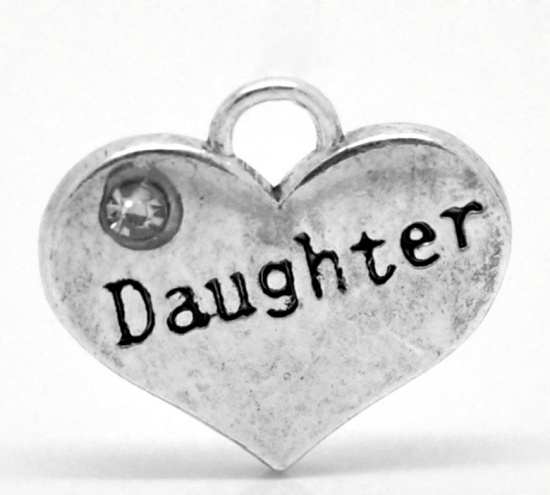 Picture of Zinc Based Alloy Charms Heart Antique Silver Message " Daughter " Carved Clear Rhinestone 16mm( 5/8") x 14mm( 4/8"), 20 PCs