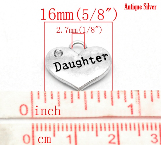 Picture of Zinc Based Alloy Charms Heart Antique Silver Message " Daughter " Carved Clear Rhinestone 16mm( 5/8") x 14mm( 4/8"), 20 PCs