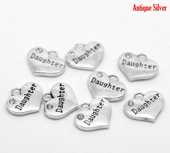 Picture of Zinc Based Alloy Charms Heart Antique Silver Message " Daughter " Carved Clear Rhinestone 16mm( 5/8") x 14mm( 4/8"), 20 PCs