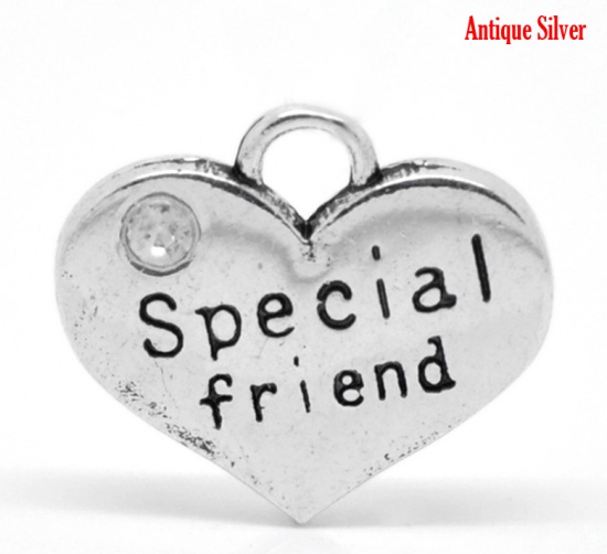 Picture of Zinc Based Alloy Charms Heart Antique Silver Message " Special friend " Carved Clear Rhinestone 16mm( 5/8") x 14mm( 4/8"), 100 PCs