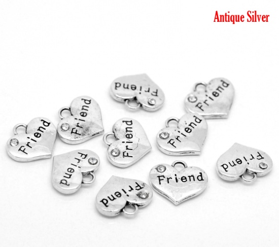 Picture of Zinc Based Alloy Charms Heart Antique Silver Message " Friend " Carved Clear Rhinestone 16mm( 5/8") x 14mm( 4/8"), 20 PCs