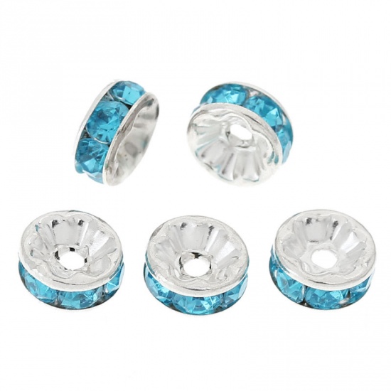 Picture of Copper Rondelle Spacer Beads Round Silver Plated Lake Blue Rhinestone About 8mm( 3/8") Dia, Hole:Approx 1.3mm, 100 PCs