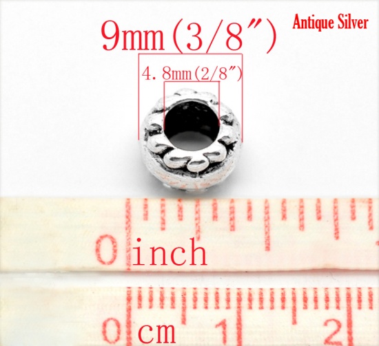Picture of Zinc Metal Alloy European Style Large Hole Charm Beads Wheel Antique Silver Color Color Plated About 9mm x 7mm, Hole: Approx 4.8mm, 50 PCs