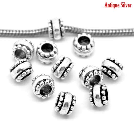 Picture of Zinc Metal Alloy European Style Large Hole Charm Beads Wheel Antique Silver Color Color Plated About 9mm x 7mm, Hole: Approx 4.8mm, 50 PCs