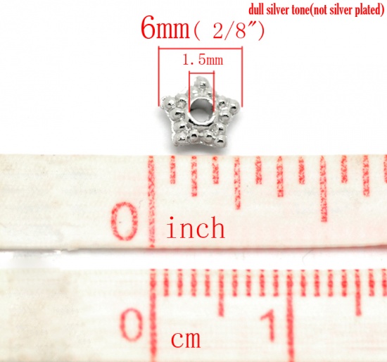 Picture of Zinc Based Alloy Spacer Beads Star Silver Tone About 6mm x 6mm, Hole:Approx 1.5mm, 500 PCs