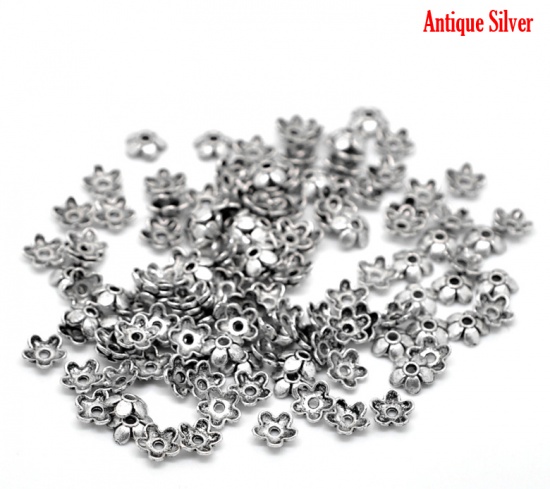 Immagine di Lega di Zinco Coppette Copriperla Fiore Argento Antico Fiore Disegno 6mm x 6mm, 300 Pz