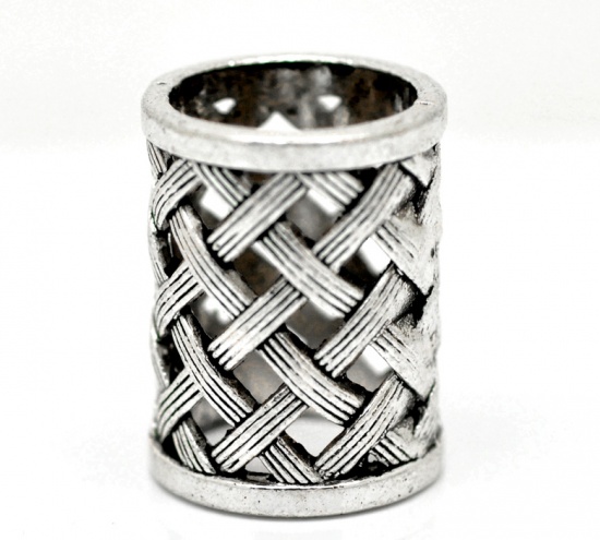 Bild von Zinklegierung Perlen Zylinder Antiksilber Gitter Geschnitzt ca. 29mm x 21mm, Loch:ca. 17mm, 2 Stück