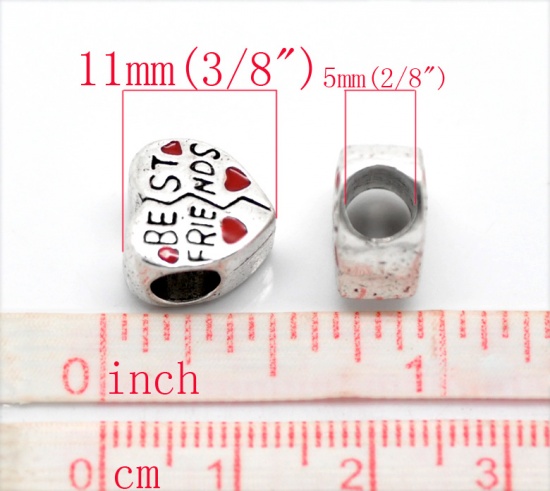 Picture of Zinc Metal Alloy European Style Large Hole Charm Beads Heart Antique Silver Message " BEST FRIEND " Carved Red Enamel About 11mm( 3/8") x 11mm( 3/8"), Hole: Approx 5.0mm, 60 PCs