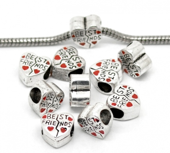 Picture of Zinc Metal Alloy European Style Large Hole Charm Beads Heart Antique Silver Message " BEST FRIEND " Carved Red Enamel About 11mm( 3/8") x 11mm( 3/8"), Hole: Approx 5.0mm, 60 PCs