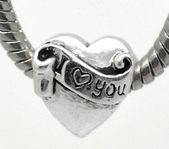 Picture of Zinc Metal Alloy European Style Large Hole Charm Beads Heart Antique Silver Message "I love You" Carved 12mmx11mm, 20 PCs