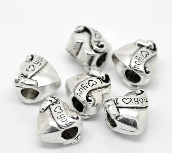 Picture of Zinc Metal Alloy European Style Large Hole Charm Beads Heart Antique Silver Message "I love You" Carved 12mmx11mm, 20 PCs