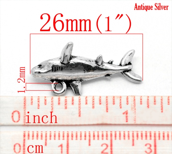 Picture of 20PCs Antique Silver Shark Animal Charm Pendants 26x13mm(1"x4/8")