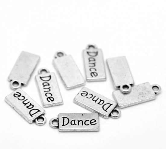 Immagine di Lega di Zinco Charm Ciondoli Rettangolo Argento Antico Lettere Disegno Messaggio Dance Intagliato 17.0mm x 7.0mm, 50 Pz