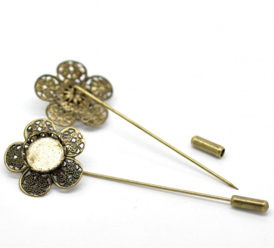 Picture of Brass Stick Pin Brooches Findings Flower Antique Bronze Cabochon Settings (Fits 12mm Dia.) 8.2cm(3 2/8") x 2.6cm(1"), 10 PCs                                                                                                                                  