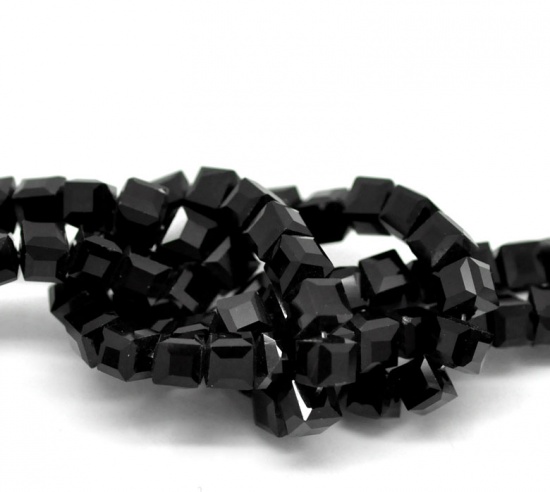 Picture of Crystal Glass Loose Beads Square Black Faceted About 6mm x 6mm, Hole: Approx 1mm, 55cm long, 1 Strand (Approx 100 PCs/Strand)
