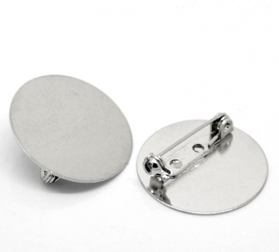 Imagen de Pin Broches Soporta a cabachones Aleación de Metal de Zinc + Aleación de Ronda , Tono de Plata Cabochon Ajustes (Adap 25mm) 25mm Dia.,, 100 Unidades