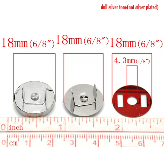 Picture of Magnetic Hematite Magnetic Snap Clasps For Purse Handbag Round Silver Tone 18mm Dia, 20 Sets