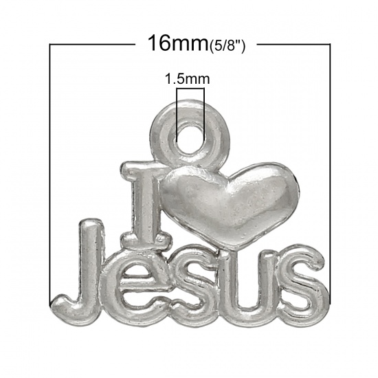 Immagine di Lega di Zinco Charm Ciondoli Alfabeto Tono Argento Cuore Disegno Messaggio I Love Jesus Intagliato 16.0mm x 13.0mm, 50 Pz