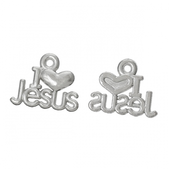 Immagine di Lega di Zinco Charm Ciondoli Alfabeto Tono Argento Cuore Disegno Messaggio I Love Jesus Intagliato 16.0mm x 13.0mm, 50 Pz