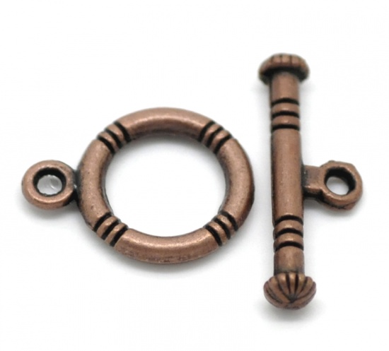 Picture of Zinc Based Alloy Toggle Clasps Round Antique Copper Stripe Carved 16mm x 12mm 20mm x 7mm, 50 Sets