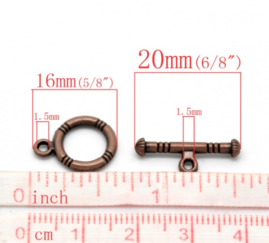 Picture of Zinc Based Alloy Toggle Clasps Round Antique Copper Stripe Carved 16mm x 12mm 20mm x 7mm, 50 Sets