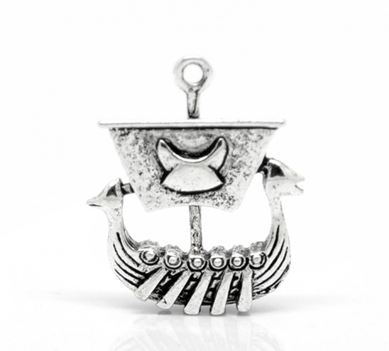 Picture of 10PCs Antique Silver Color Viking Pirate Ship Charm Pendants 27x22mm(1 1/8"x7/8")