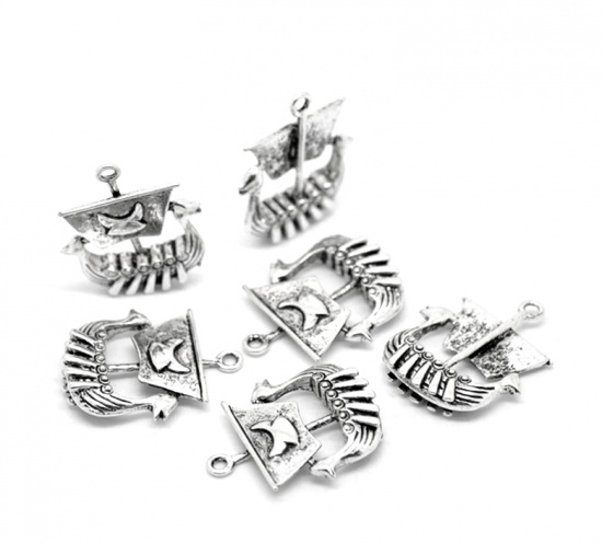 Picture of 10PCs Antique Silver Color Viking Pirate Ship Charm Pendants 27x22mm(1 1/8"x7/8")