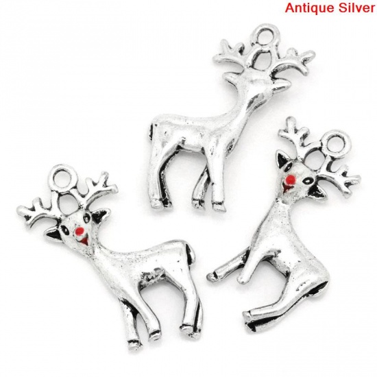 Picture of Antique Silver Color Christmas Reindeer Charms Pendants 24mm x 21mm(1"x 7/8"), 20 PCs