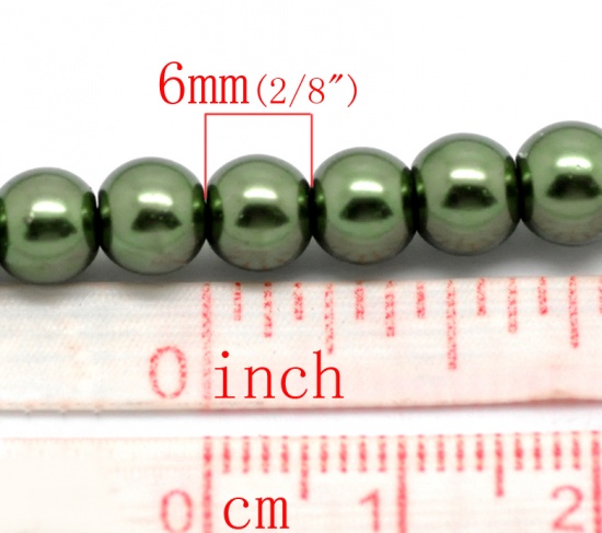 Image de Perles Imitation en Verre Rond Vert Nacré 6mm Dia, Taille de Trou: 1mm, 80cm long, 3 Enfilades (Env.146 Pcs/Enfilade)