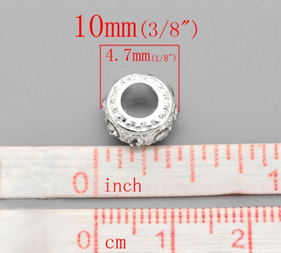Picture of Zinc Metal Alloy European Style Large Hole Charm Beads Round Silver Plated Clear Rhinestone About 10mm Dia, Hole: Approx 4.7mm, 10 PCs