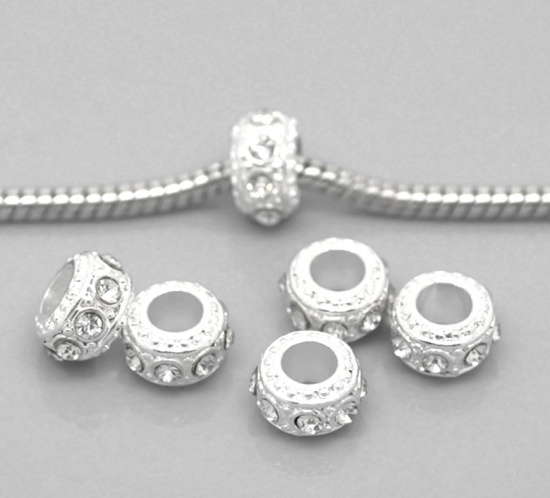 Picture of Zinc Metal Alloy European Style Large Hole Charm Beads Round Silver Plated Clear Rhinestone About 10mm Dia, Hole: Approx 4.7mm, 10 PCs