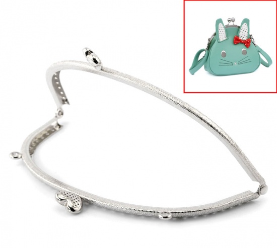 Picture of Iron Based Alloy Kiss Clasp Lock Purse Frame Arch Silver Tone Heart 16.5x8.5cm(6 4/8"x3 3/8"), 2 PCs