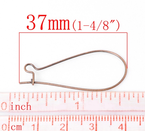 Picture of Iron Based Alloy Kidney Ear Wire Hooks Earring Findings Antique Copper 37mm(1 4/8") x 16mm( 5/8"), Post/ Wire Size: (21 gauge), 200 PCs