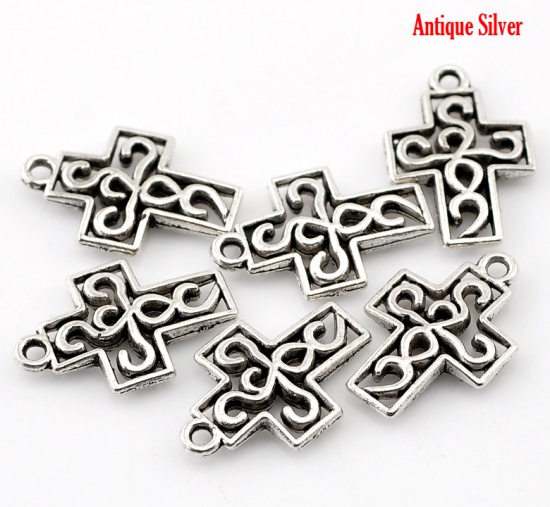 Picture of Zinc Based Alloy Easter Charms Filigree Cross Antique Silver 19x13mm(6/8"x4/8"), 50 PCs