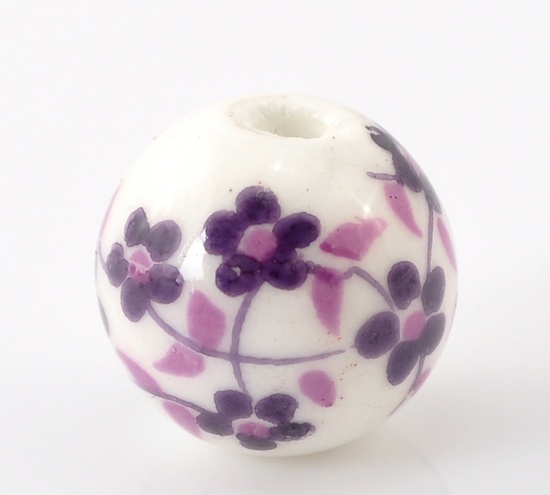 Picture of Ceramics Beads Round White & Purple Flower Pattern About 12mm Dia, Hole: Approx 2.6mm, 30 PCs