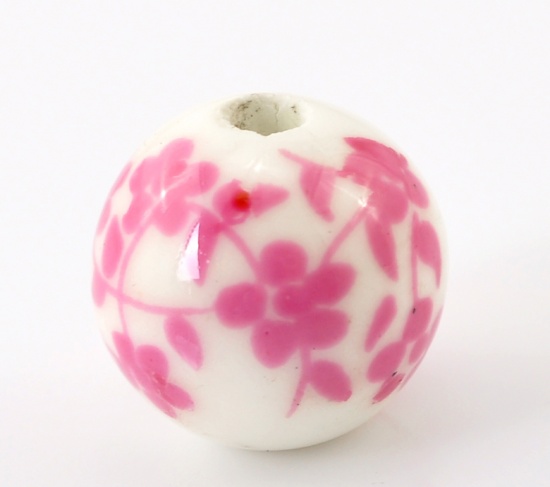 Image de Perles en Céramique Rond Blanc & Fuchsia Fleur 12mm Dia, Taille de Trou: 2.6mm, 30 PCs