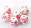 Picture of Ceramics Beads Round White & Fuchsia Flower Pattern About 12mm Dia, Hole: Approx 2.6mm, 30 PCs