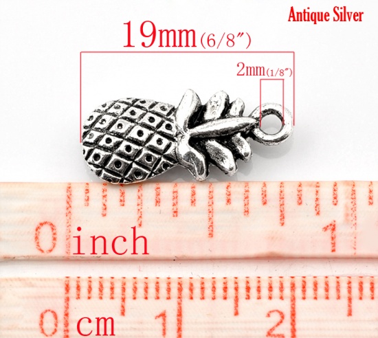 Picture of Zinc Based Alloy Charms Pineapple /Ananas Fruit Antique Silver Color 19mm( 6/8") x 9mm( 3/8"), 50 PCs