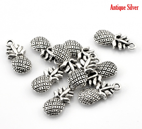Picture of Zinc Based Alloy Charms Pineapple /Ananas Fruit Antique Silver Color 19mm( 6/8") x 9mm( 3/8"), 50 PCs