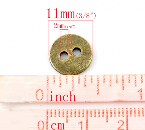 Picture of Zinc Based Alloy Metal Sewing Buttons Scrapbooking 2 Holes Round Antique Bronze 11mm( 3/8") Dia, 100 PCs