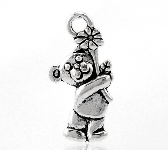 Immagine di Lega di Zinco Charm Ciondoli Orso Argento Antico Fiore Disegno 19.0mm x 9.0mm, 100 Pz