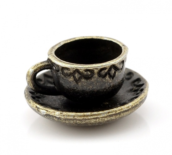 Picture of Zinc Metal Alloy 3D Charm Pendants Coffee/Tea Cup Mug Antique Bronze 14mm( 4/8") x 8mm( 3/8"), 100 PCs