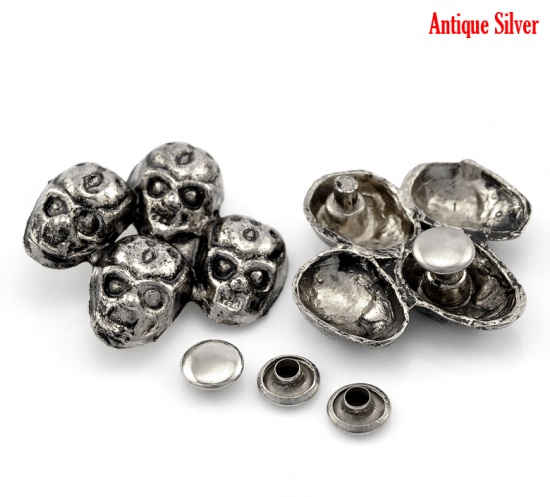 Picture of Zin Based Alloy Spike Rivet Studs Four Halloween Skull Antique Silver 34x33mm(1 3/8"x1 2/8") 8x3.5mm(3/8"x1/8"), 10 Sets