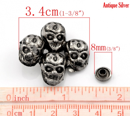 Picture of Zin Based Alloy Spike Rivet Studs Four Halloween Skull Antique Silver 34x33mm(1 3/8"x1 2/8") 8x3.5mm(3/8"x1/8"), 10 Sets